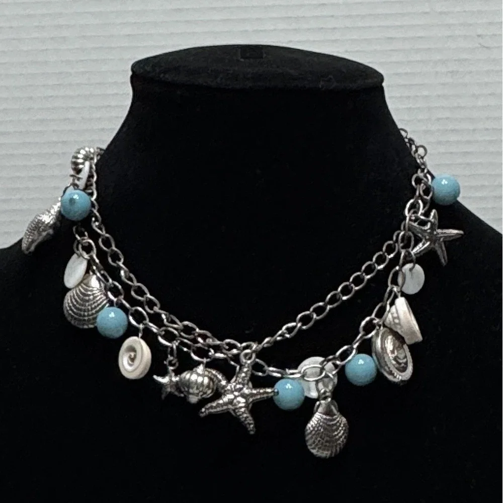 Crystal Couture Set Seashell Necklace Starfish Silver Earrings Beach Nautical